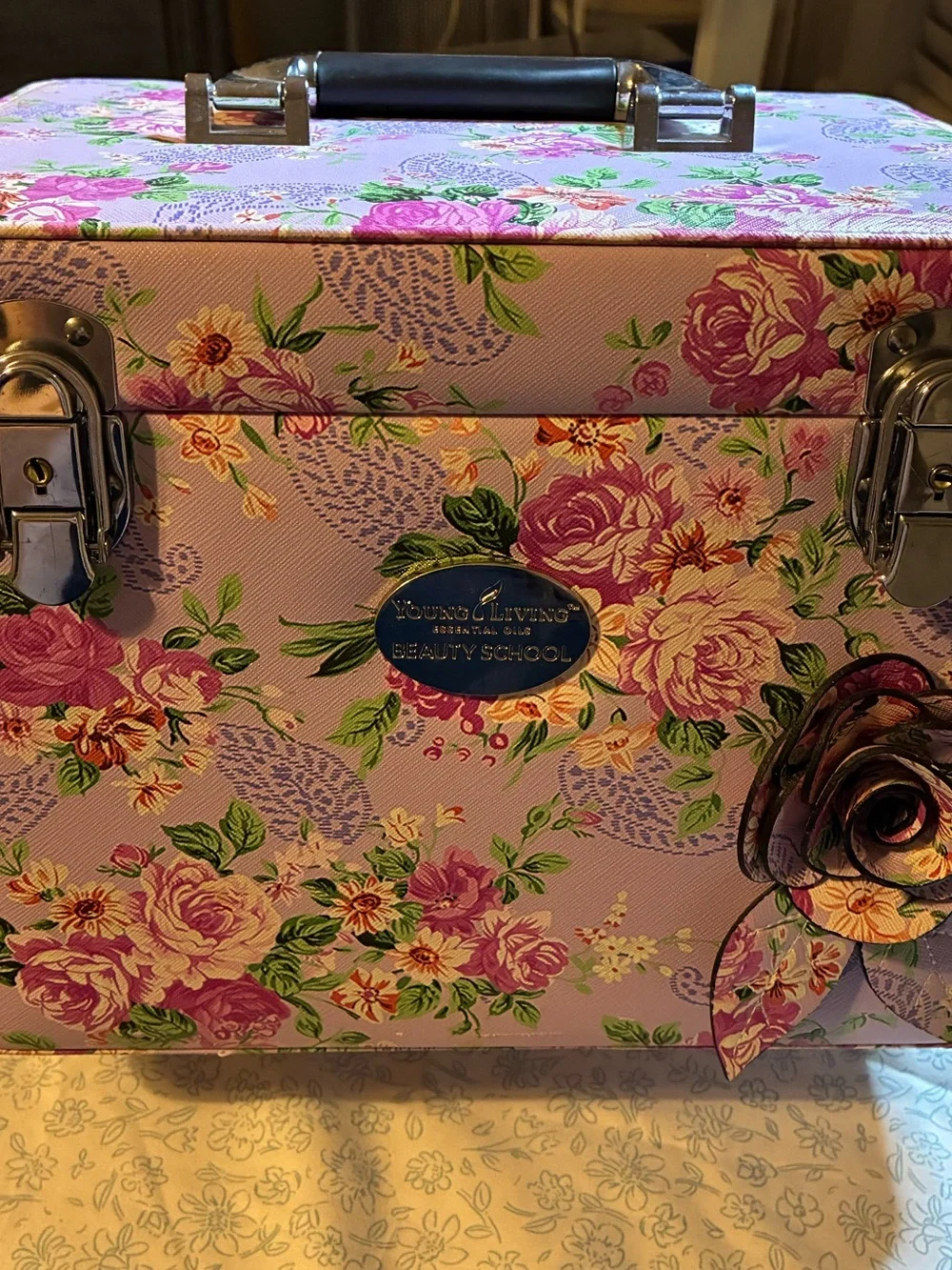 Young Living Pink Floral Cosmetic Case with Rose Accent
